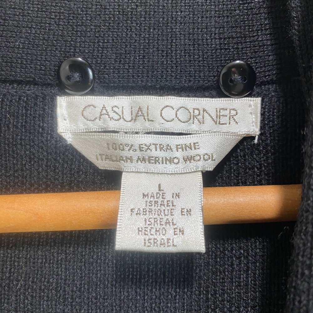 Casual Corner Black Merino Wool Sweater Knit Shawl Collar Tie Size L - Picture 2 of 9